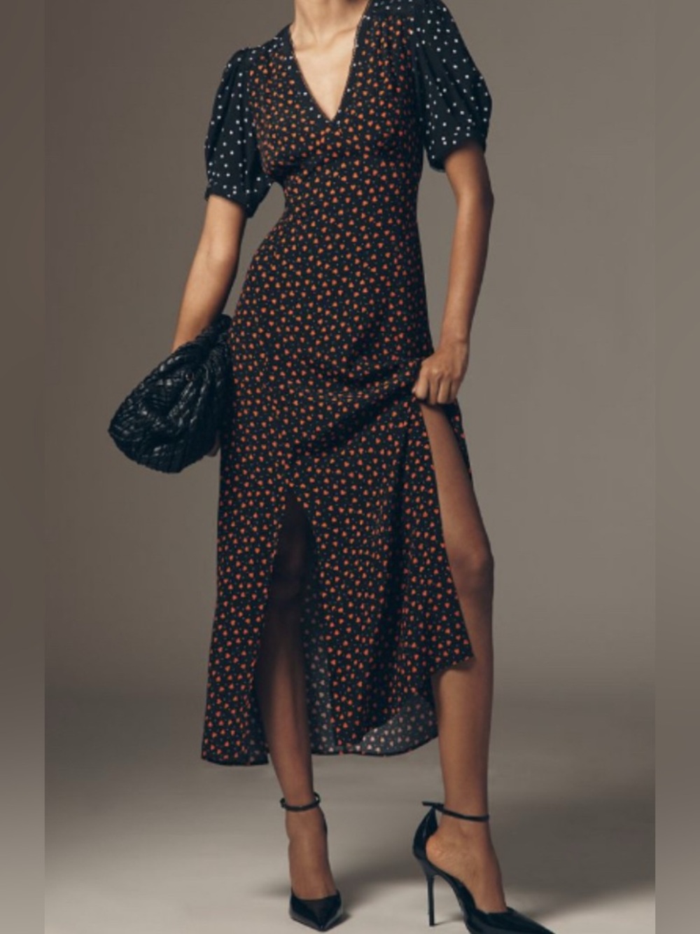 Maeve Black/Red/White V-Neck Mixed Media (Hearts/Dots) A-Line Maxi Dress: S